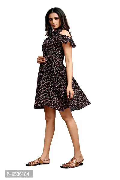 Stylish Chiffon Black Floral Print Choker Neck Off Shoulder Sleeve Dress For Women-thumb3