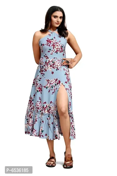 Stylish Crepe Turquoise Floral Print Others Sleeveless Dress For Women