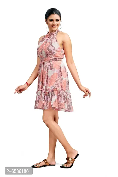 Stylish Chiffon Pink Ethnic Motifs Choker Neck Sleeveless Dress For Women-thumb4