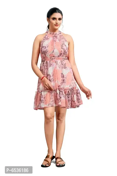 Stylish Chiffon Pink Ethnic Motifs Choker Neck Sleeveless Dress For Women-thumb0