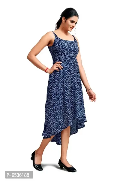 Stylish Chiffon Navy Blue Floral Print Square Neck Sleeveless Dress For Women-thumb3