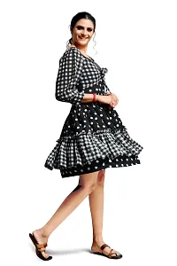 Stylish Crepe Georgette Black Polka Dot Print Boat Neck Balloon Sleeve Dress For Women-thumb2