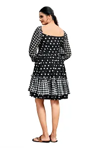 Stylish Crepe Georgette Black Polka Dot Print Boat Neck Balloon Sleeve Dress For Women-thumb3