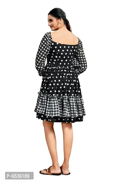 Stylish Crepe Georgette Black Polka Dot Print Boat Neck Balloon Sleeve Dress For Women-thumb4