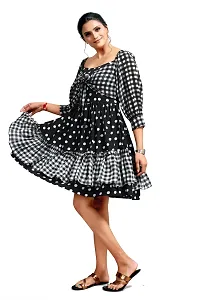 Stylish Crepe Georgette Black Polka Dot Print Boat Neck Balloon Sleeve Dress For Women-thumb1