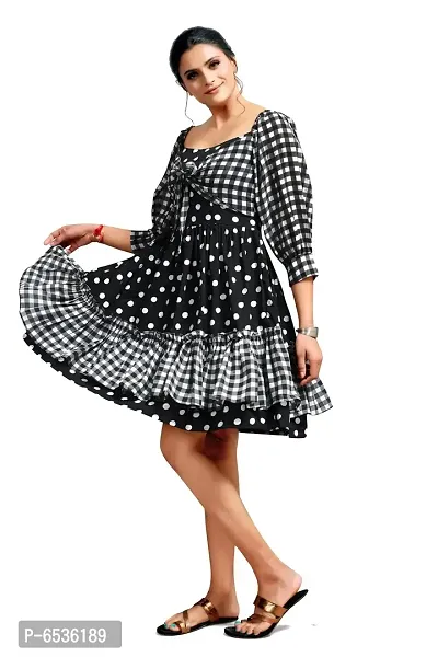 Stylish Crepe Georgette Black Polka Dot Print Boat Neck Balloon Sleeve Dress For Women-thumb2