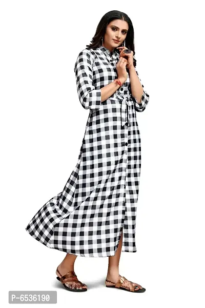 Stylish Crepe White Checked Collared Neck 3/4 Sleeves Dress For Women-thumb3