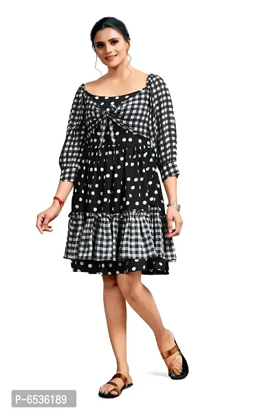 Stylish Crepe Georgette Black Polka Dot Print Boat Neck Balloon Sleeve Dress For Women