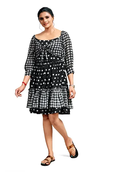 Stylish Crepe Georgette Polka Dot Print Boat Neck Balloon Sleeve Dress For Women