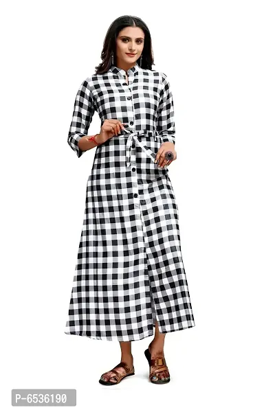 Stylish Crepe White Checked Collared Neck 3/4 Sleeves Dress For Women