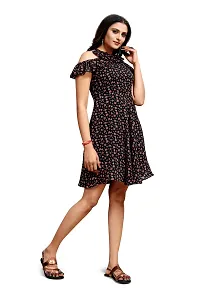 Stylish Chiffon Black Floral Print Choker Neck Off Shoulder Sleeve Dress For Women-thumb1