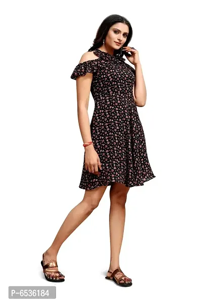 Stylish Chiffon Black Floral Print Choker Neck Off Shoulder Sleeve Dress For Women-thumb2