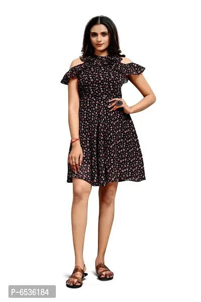 Stylish Chiffon Black Floral Print Choker Neck Off Shoulder Sleeve Dress For Women-thumb0