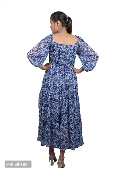 Stylish Chiffon Navy Blue Floral Print U - Neck Balloon Sleeve Dress For Women-thumb3