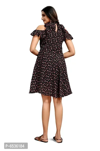 Stylish Chiffon Black Floral Print Choker Neck Off Shoulder Sleeve Dress For Women-thumb4