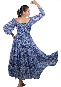 Stylish Chiffon Navy Blue Floral Print U - Neck Balloon Sleeve Dress For Women-thumb3
