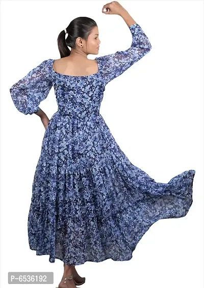 Stylish Chiffon Navy Blue Floral Print U - Neck Balloon Sleeve Dress For Women-thumb4