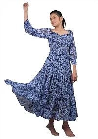 Stylish Chiffon Navy Blue Floral Print U - Neck Balloon Sleeve Dress For Women-thumb1