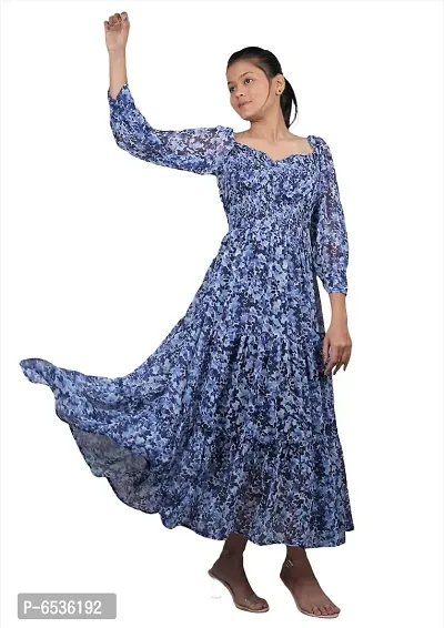 Stylish Chiffon Navy Blue Floral Print U - Neck Balloon Sleeve Dress For Women-thumb2