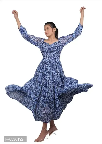 Stylish Chiffon Navy Blue Floral Print U - Neck Balloon Sleeve Dress For Women-thumb0
