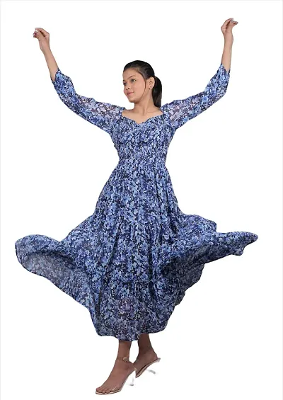 Stylish Chiffon Navy Blue Floral Print U - Neck Balloon Sleeve Dress For Women