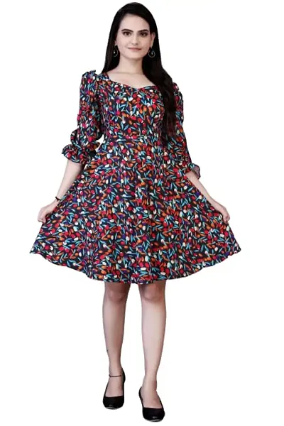 Mrutbaa Western Dresses for Women | Fit and Flare Knee-Length Dress | Midi Western Dress | Short Dress with 3/4th Sleeve