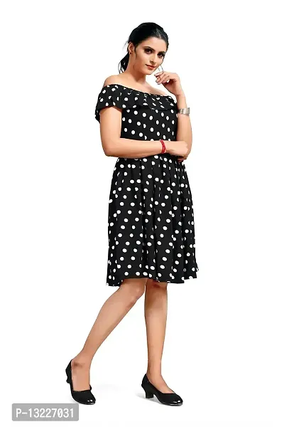 Mrutbaa Women's Crepe Fabric Off-Sholder Causal Wear Printed Dress Polka Dot Pattern Knee Length Midi Dress-thumb2