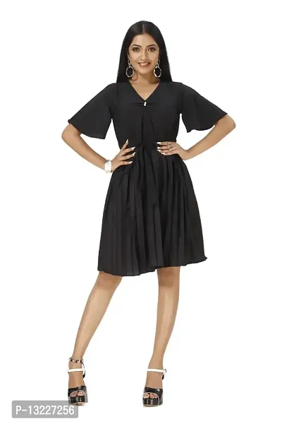 Mrutbaa Women's Wear Black Colour Crepe Fabric Short Sleeve Causal Wear Plain Dress