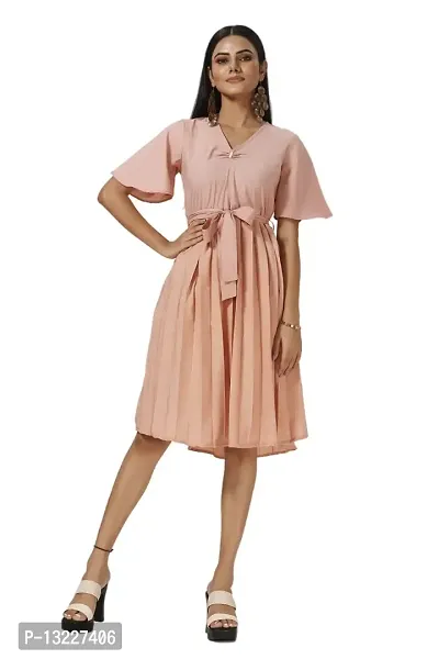 Mrutbaa Women's Wear Peach Colour Crepe Fabric Short Sleeve Causal Wear Plain Dress