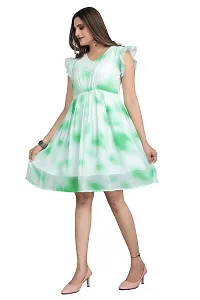 Mrutbaa Women's Wear Green Colour Georgette Fabric Short Sleeve Causal Wear Printed Dress-thumb3