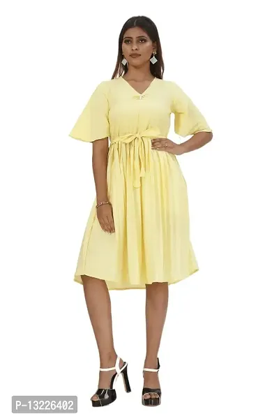Mrutbaa Women's Wear Yellow Colour Crepe Fabric Short Sleeve Causal Wear Plain Dress-thumb0