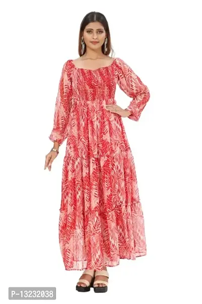 Mrutbaa Women's Chiffon Fabric Full Sleeve Causal Wear Printed Dress Solid Pattern Ankle Length Maxi Dress (Color Red | Size Small)-thumb0