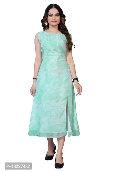 Mrutbaa Women's Wear Green Colour Chiffon Fabric Sleevless Causal Wear Printed Dress