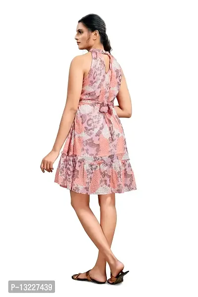 Mrutbaa Women's Wear Chiffon Fabric with Sleevless Causal Wear Printed Mini Dress for Girl's (Color Pink | Size Medium)-thumb4