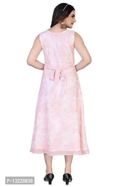 Mrutbaa Women's Wear Peach Colour Chiffon Fabric Sleevless Causal Wear Printed Dress-thumb2
