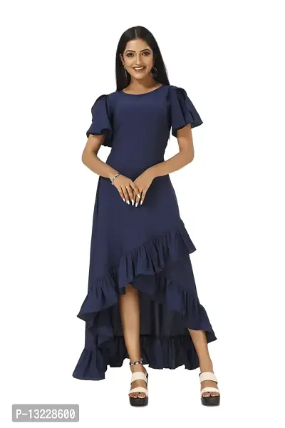 Mrutbaa Women's Wear Nevy Blue Colour Crepe Fabric Short Sleeve Causal Wear Plain Dress-thumb0