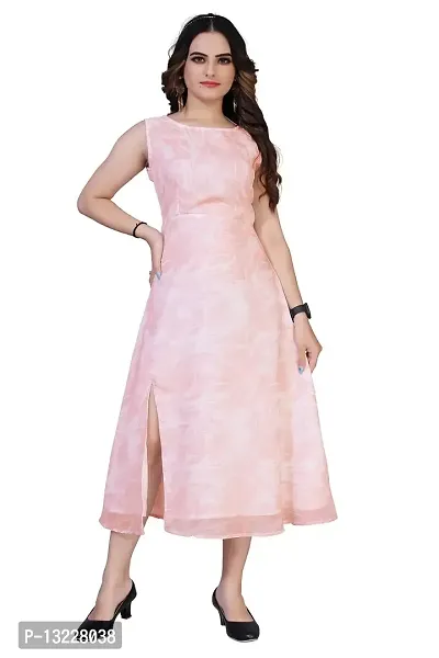 Mrutbaa Women's Wear Peach Colour Chiffon Fabric Sleevless Causal Wear Printed Dress-thumb0