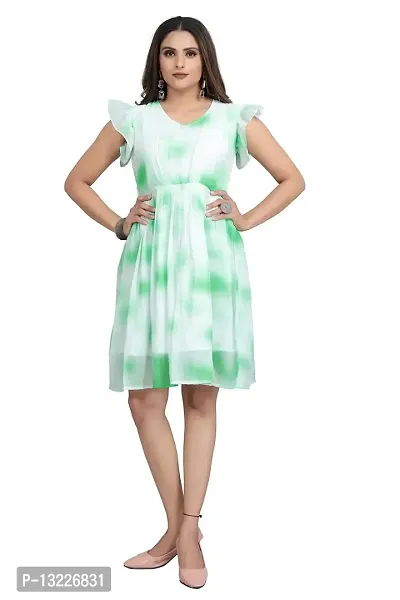 Mrutbaa Women's Wear Green Colour Georgette Fabric Short Sleeve Causal Wear Printed Dress-thumb0