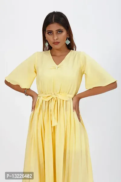 Mrutbaa Women's Wear Yellow Colour Crepe Fabric Short Sleeve Causal Wear Plain Dress-thumb5