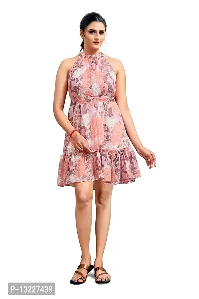 Mrutbaa Women's Wear Chiffon Fabric with Sleevless Causal Wear Printed Mini Dress for Girl's (Color Pink | Size Medium)-thumb0