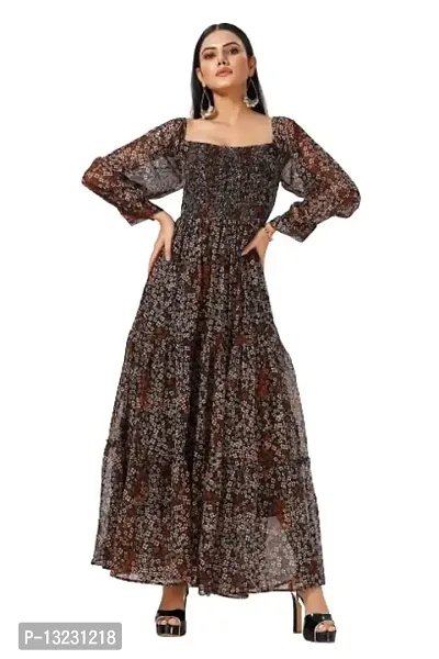 Mrutbaa Women's Chiffon Fabric Full Sleeve Causal Wear Printed Dress Solid Pattern Ankle Length Maxi Dress (Color Black | Size Large)-thumb0
