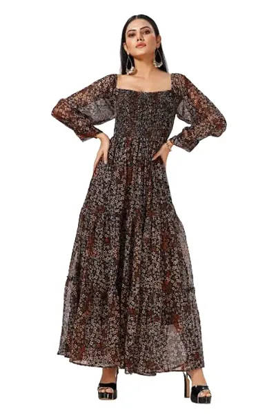 Mrutbaa Women's Chiffon Fabric Full Sleeve Causal Wear Printed Dress Solid Pattern Ankle Length Maxi Dress (Color Black | Size Large)