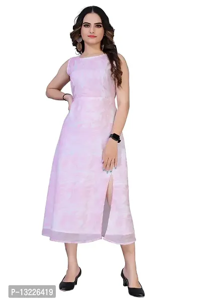 Mrutbaa Women's Wear Pink Colour Chiffon Fabric Sleevless Causal Wear Printed Dress