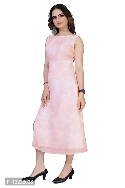 Mrutbaa Women's Wear Peach Colour Chiffon Fabric Sleevless Causal Wear Printed Dress-thumb4
