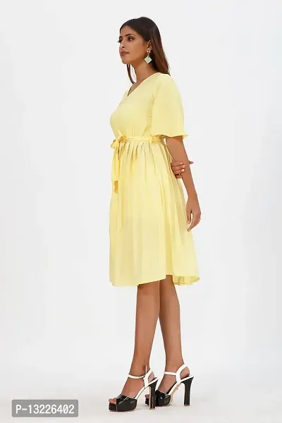 Mrutbaa Women's Wear Yellow Colour Crepe Fabric Short Sleeve Causal Wear Plain Dress-thumb3