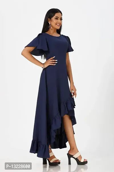 Mrutbaa Women's Wear Nevy Blue Colour Crepe Fabric Short Sleeve Causal Wear Plain Dress-thumb3