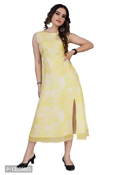Mrutbaa Women's Wear Yellow Colour Chiffon Fabric Sleevless Causal Wear Printed Dress