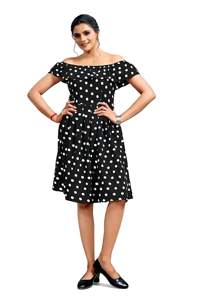 Stylish Crepe Polka Dot Print Boat Neck Off Shoulder Sleeve Dress For Women