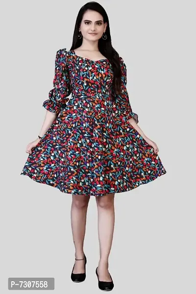 Stylish Fancy Heavy Crepe Floral Printed Square Neck Knee Length Puff Sleeves Fit And Flare Dresses For Women