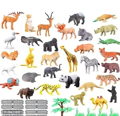 Mini Jungle Animals Figure Toys Play Set 53 Pieces Realistic Wild Plastic Animal With Artificial Grass  Fencing For Kids
